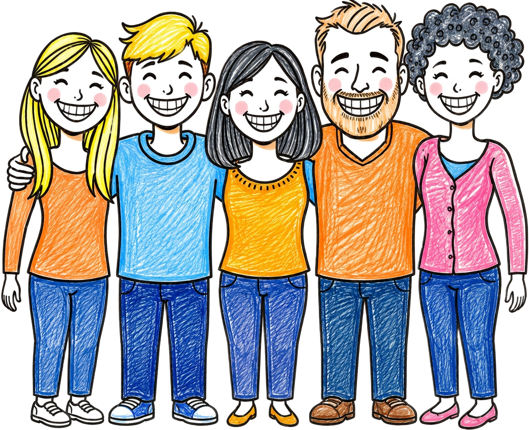 Crayon drawing of five smiling teens and adults showing straight teeth with clear aligners