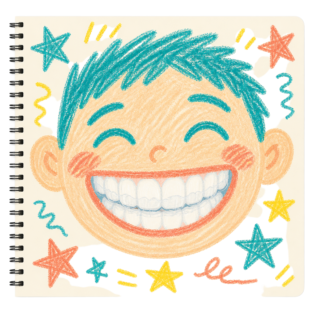 Crayon drawing of a smiling person wearing clear aligners